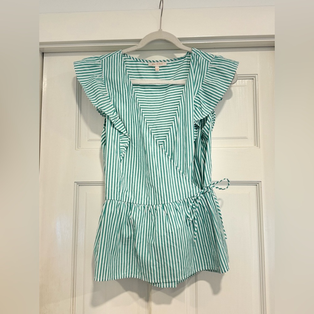 Skies are Blue Blouse - Green and white striped Wrap blouse